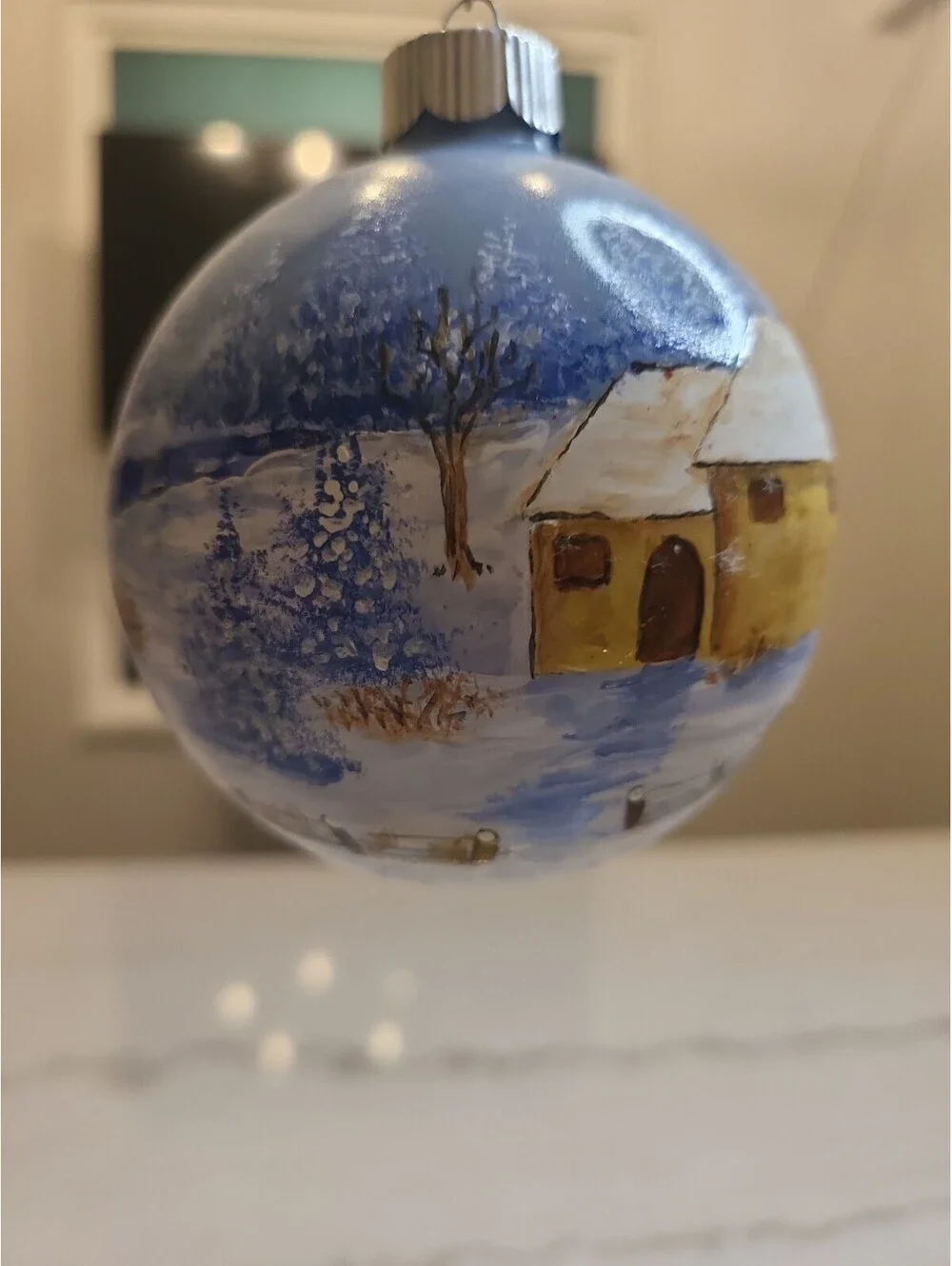 Vtg Glass Hand Painted Signed Ornament EUC Winter Snow Day Farm Scene 3.5” OOAK